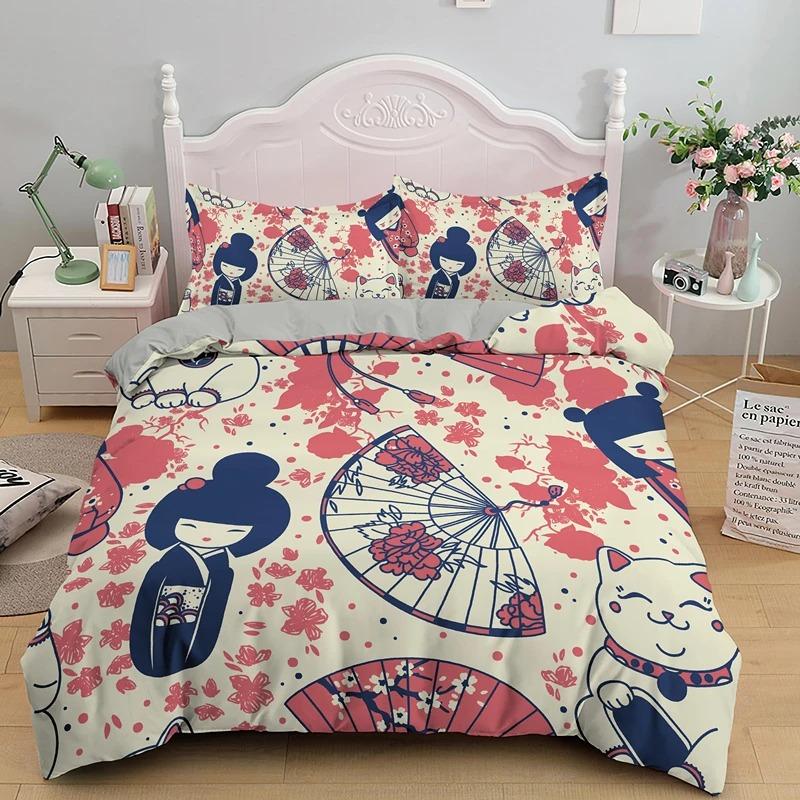 Japanese Doll Duvet Cover King Queen Lucky Cat Fan Bedding Set for Kids Girls Asian Japan Cultural 23PCS Polyester Quilt Cover