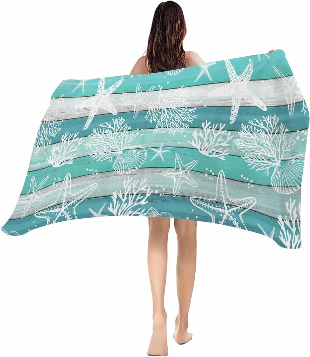 

Beach Towel Coral Starfish Bath Pool Towels Ocean Shell Marine Life Blue Wood Soft Absorbent Beach Towel Lightweight Large Quick W30*H60(CM)