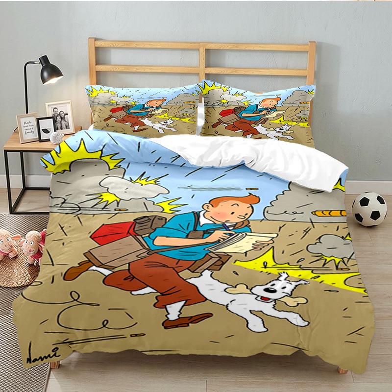 Juego de Ropa de Cama de 3 Piezas Aventura en la Ciudad de Tintín, Incluye 1 Funda Nórdica y 2 Fundas de Almohada, Regalo Perfecto para Navidad, Ideal para Dormitorio, Habitación de Estudiante