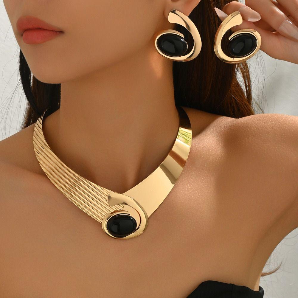 Black/Blue/Rose Pink Necklace Earrings Set Exaggerated Jewelry Accessories  Daily Wear