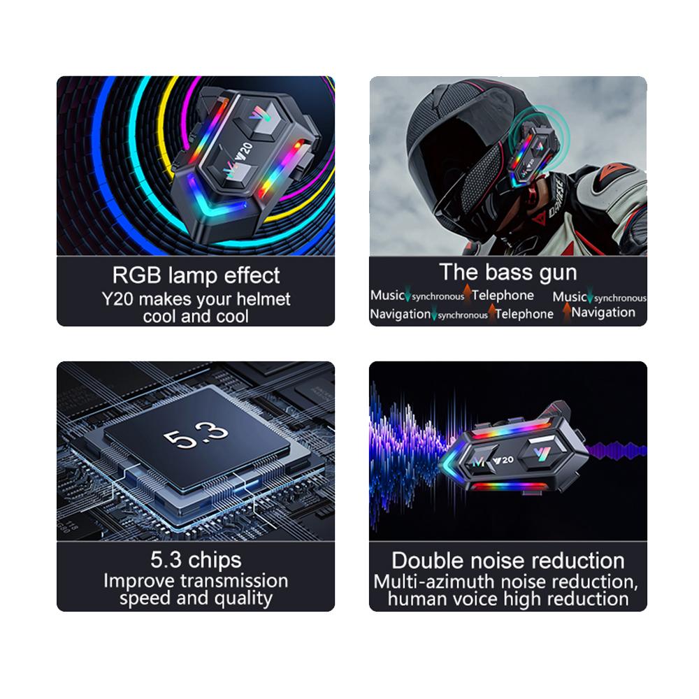 Kebidumei Y20 Motorcycle Helmet Headset Bluetooth 5.3 Voice Contro Motorcycle RGB Colorful Lights Headset Waterproof For Moto