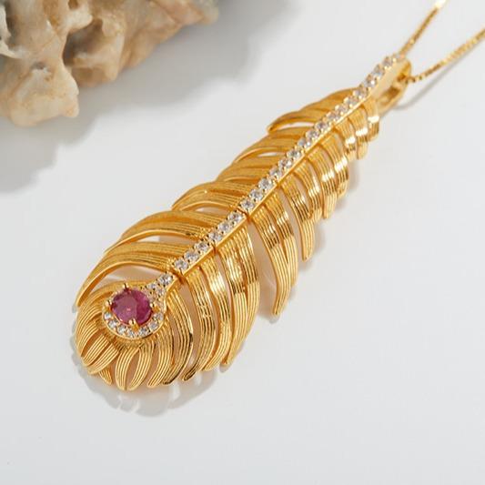 Pendant S925 Sterling Silver Light Luxury Natural Ruby Feather Necklace Women'S Niche Gold Collarbone Chain