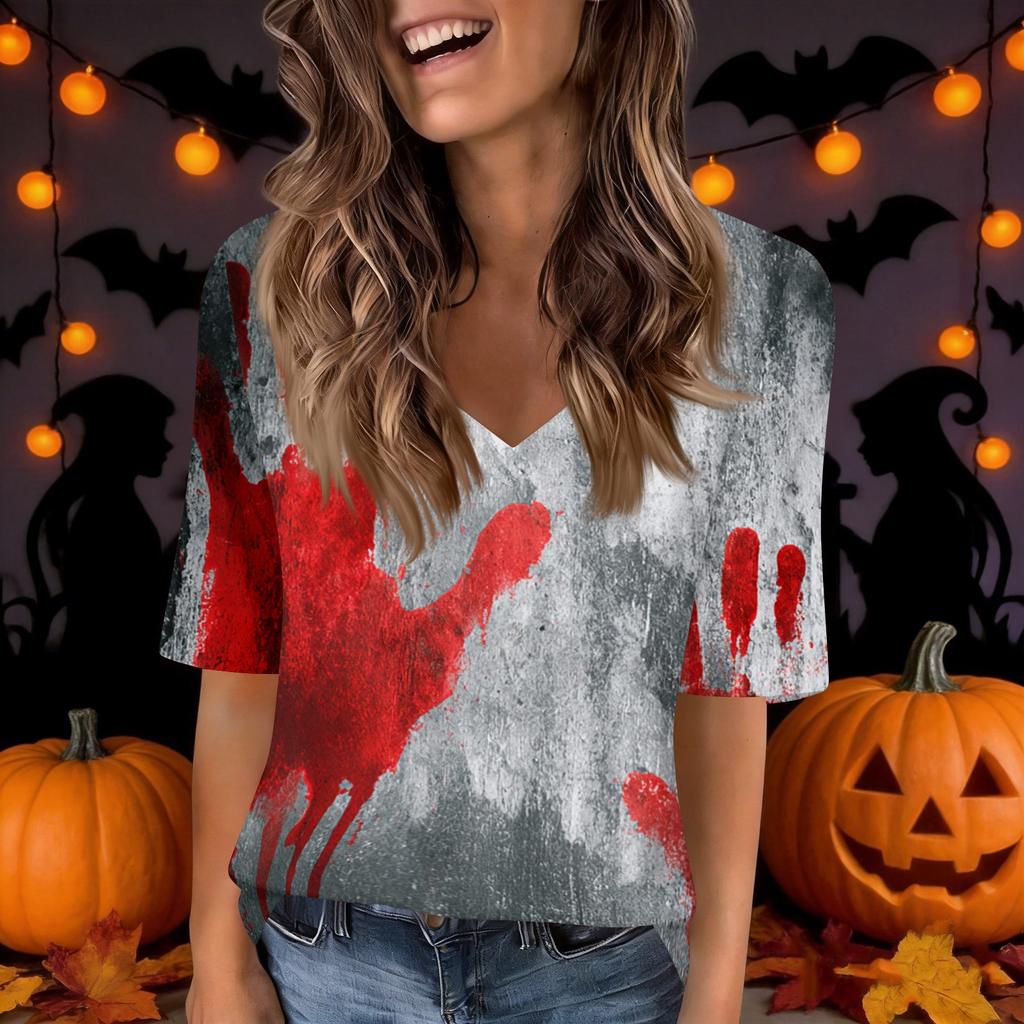 Women's V-Neck Short Sleeve Halloween Print Casual Top