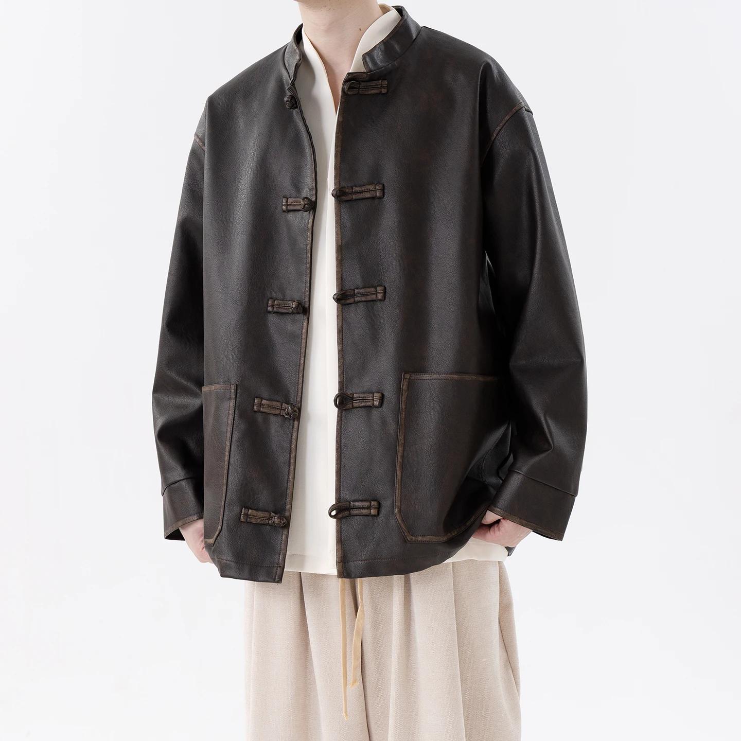 

Мужские куртки из искусственной кожи на осень 2025 года, мужская куртка в винтажном повседневном стиле в китайском шике, мужская куртка с застежкой на пуговицы в стиле тан, мужское ветрозащитное теплое пальто свободного кроя 5XL