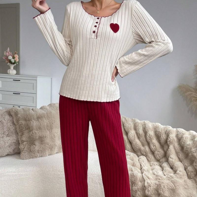 Soft Knit Pajama Set With Ribbed Texture Heart Embroidery Long Sleeve Lounge Wear Women