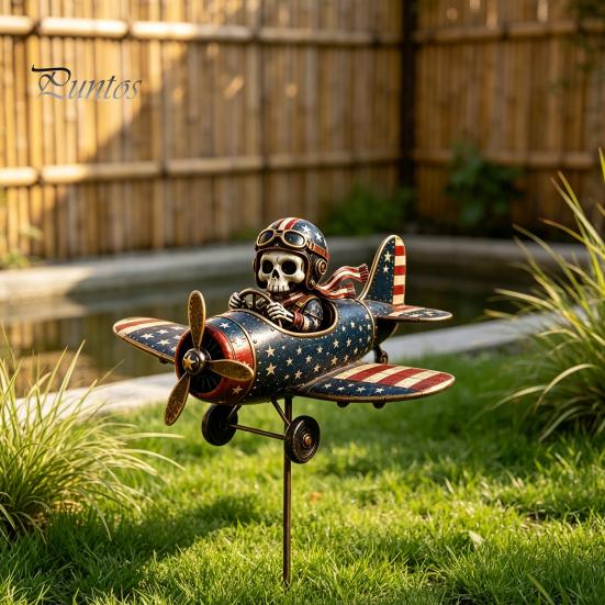 Gift for Gardening Enthusiasts Metal Skeleton Pilot Airplane Wind Spinner with Ground Stake, Vintage American Flag Garden Style Accessory Yard Rustic