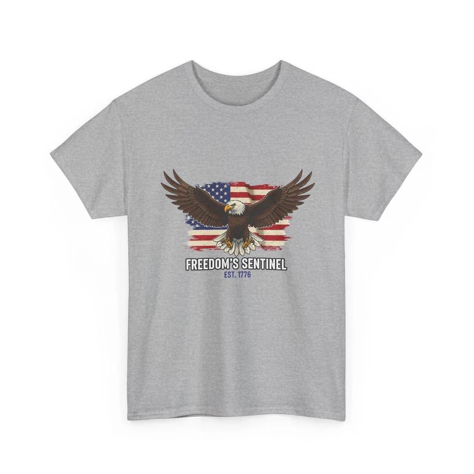 Bald Eagle with American Flag T-Shirt -Freedom Sentinel USA Patriotic Cotton Tee S