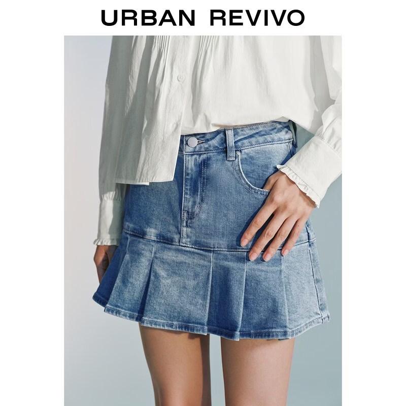 UR2026 Damska plisowana mini spódnica z pranego denimu