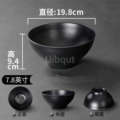 Black Melamine Tableware Black Matte Stripe Ramen Bowl Plastic Household Rice Noodle Salad Bowl Kitchen Dumpling Ramen Bowl Set