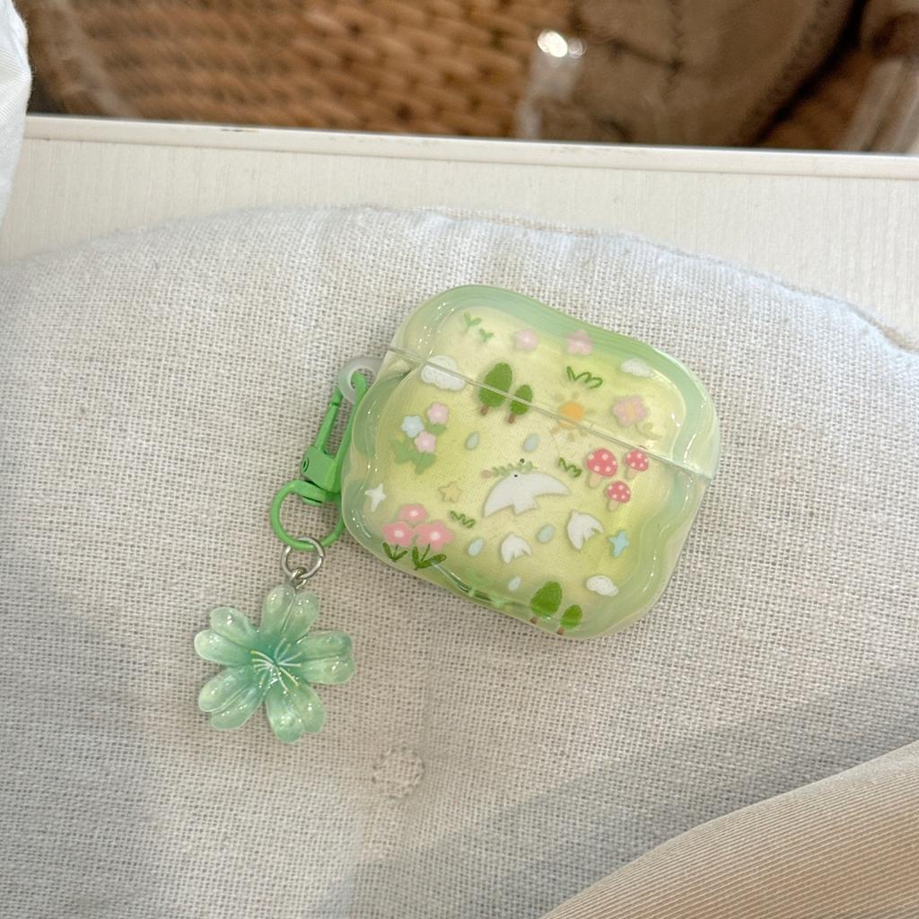 Fresh Green Forest Garden Swallow Wavy Edge With Pendant Shock Proof Earphone Cover Case for AirPods 1 or 2 3 4 Pro 2 Pro 3