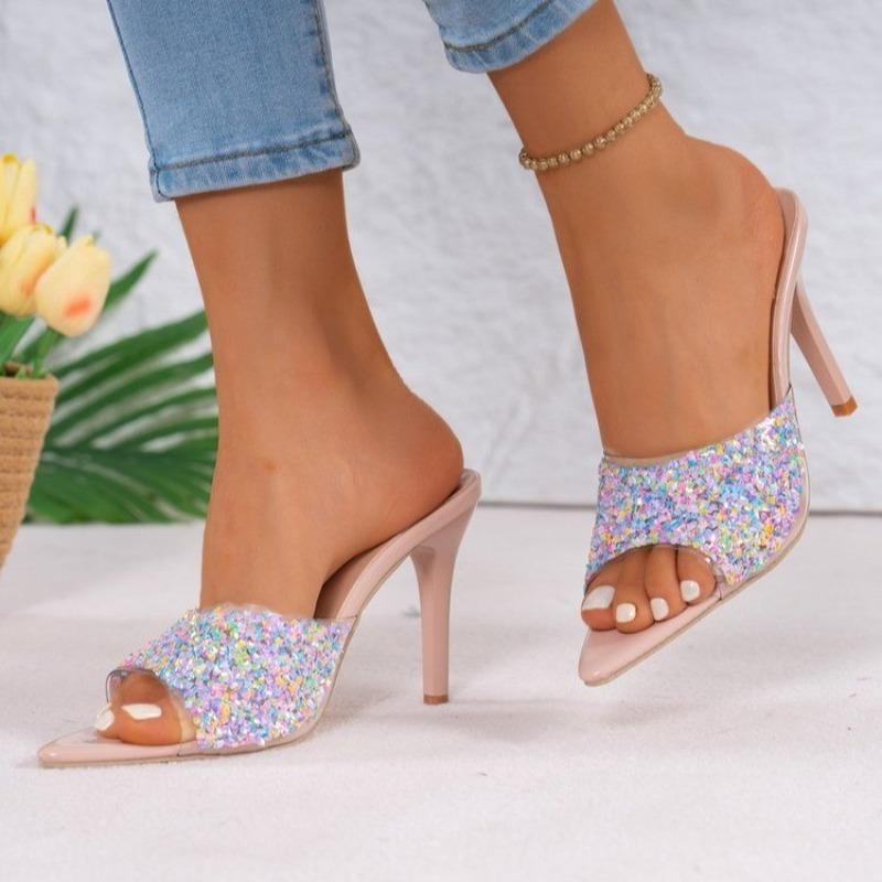 

Модные темпераментные шлепанцы женские летние новые с острым носком открытым носком стразами для улицы на шпильке против скольжения износостойкие 43 розовый