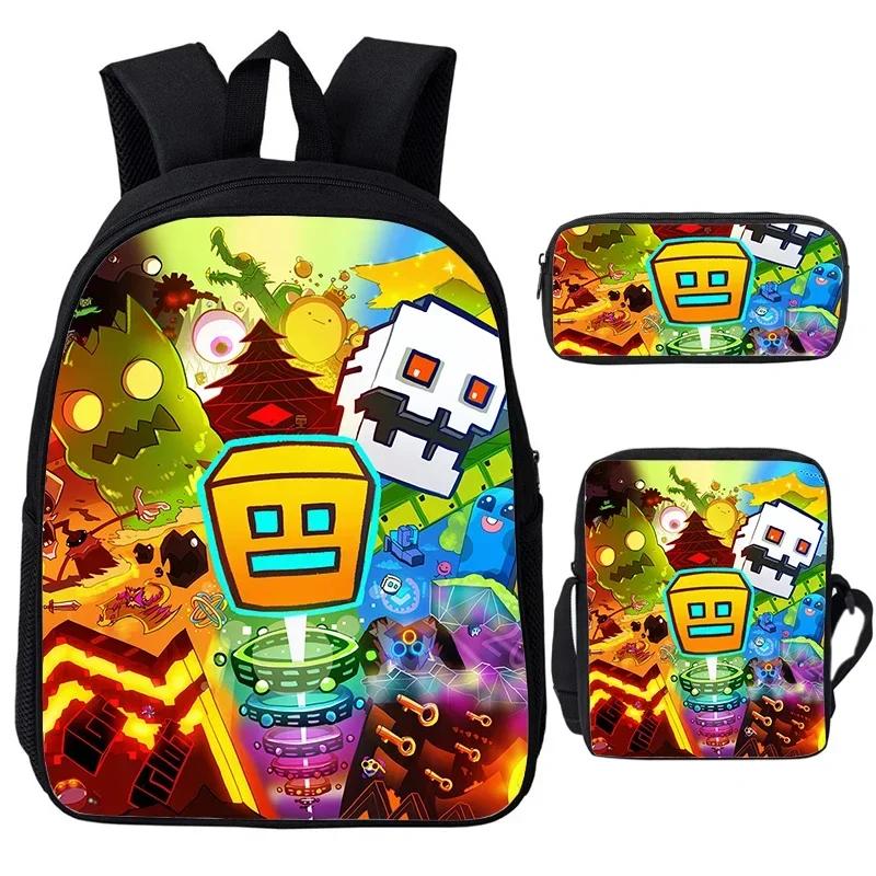 Angry Geometry Dash Cartoon Print Children Backpack 3Pcs Set Boys Girls School Bags Large Capacity Bookbag Back To School Gifts