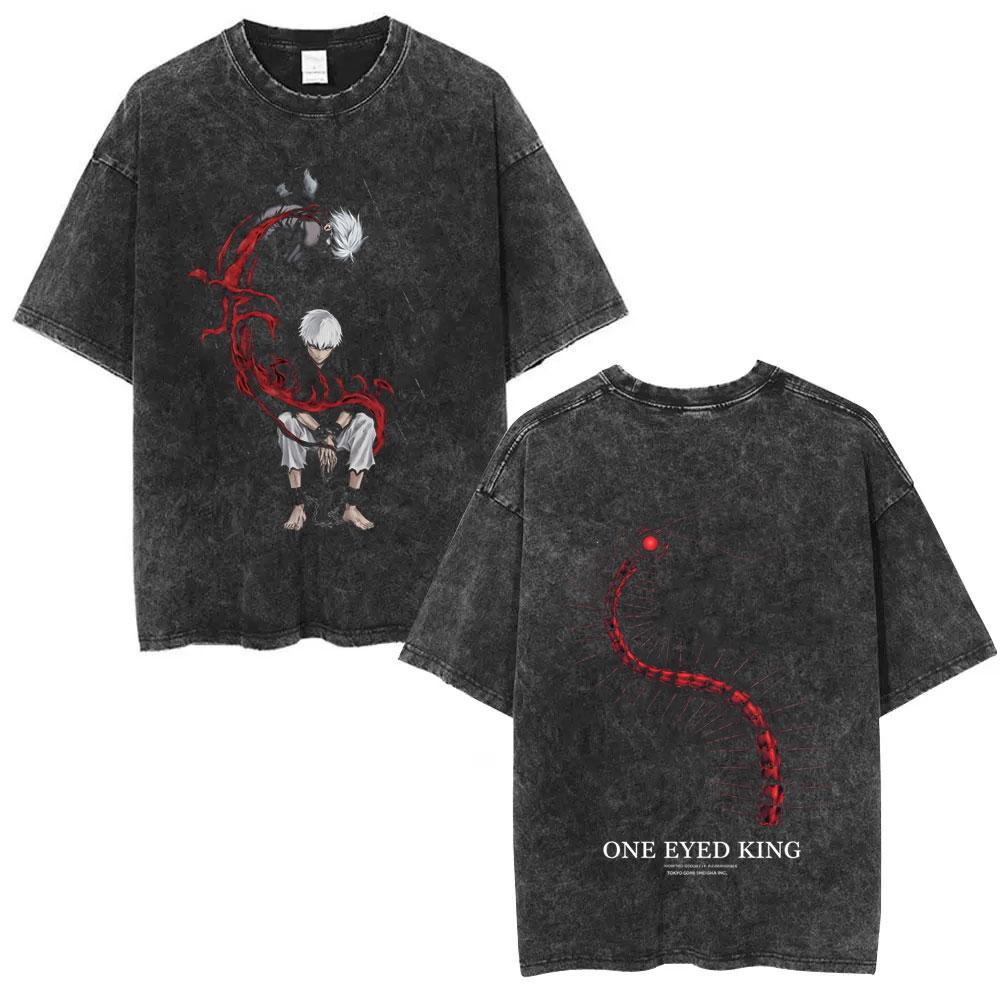 Anime Tokyo Ghoul Centipede Vintage Washed Tshirt Kaneki Ken One Eyed King Graphic T Shirts Men Women Casual Oversized Tshirts S