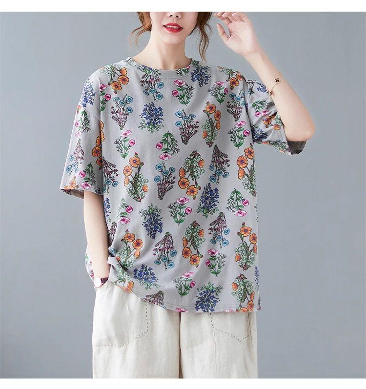 Floral Short-sleeved T-shirt Women's Plus Size Women's Spring and Summer Bottoming Shirt Casual Literary Blouse Loose and Thin