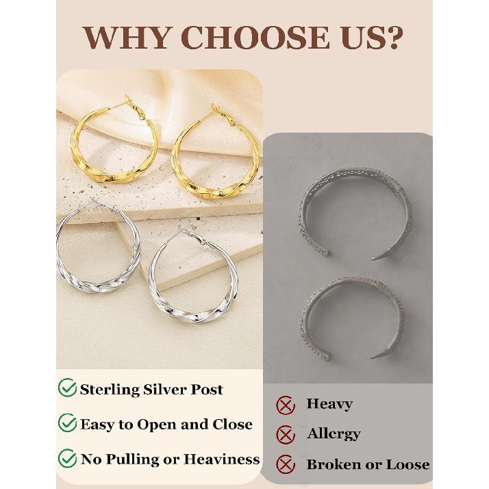 Silver Hoop Earrings for Women Hypoallergenic Sterling Silver Post Lightweight Large Mobius Hollow Tube 14k Gold Hoop Earrings Trendy 40MM 50MM 60MM