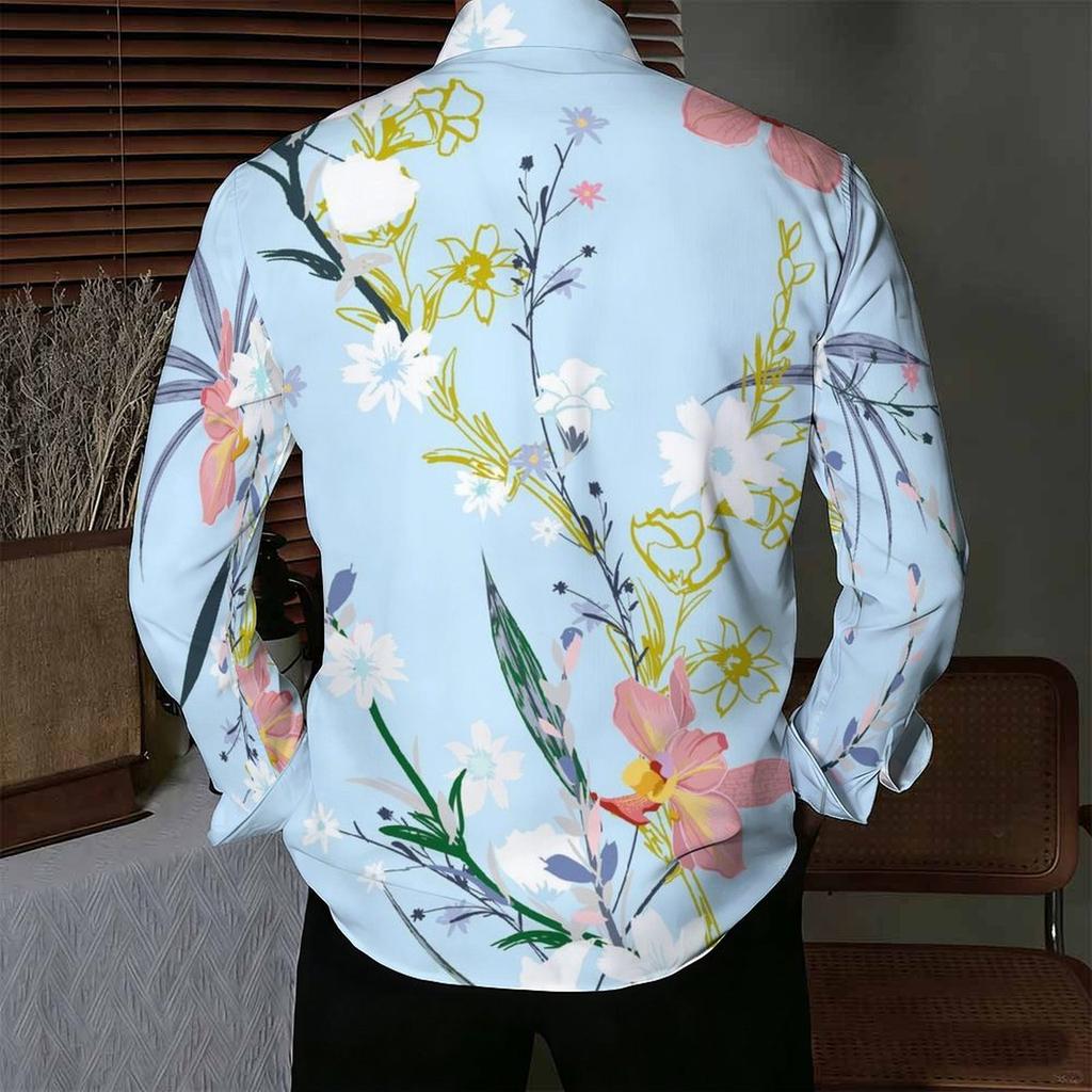 Men Collared Shirt Light Blue White Apricot Floral Leaf Print Long Sleeve Button Down Top