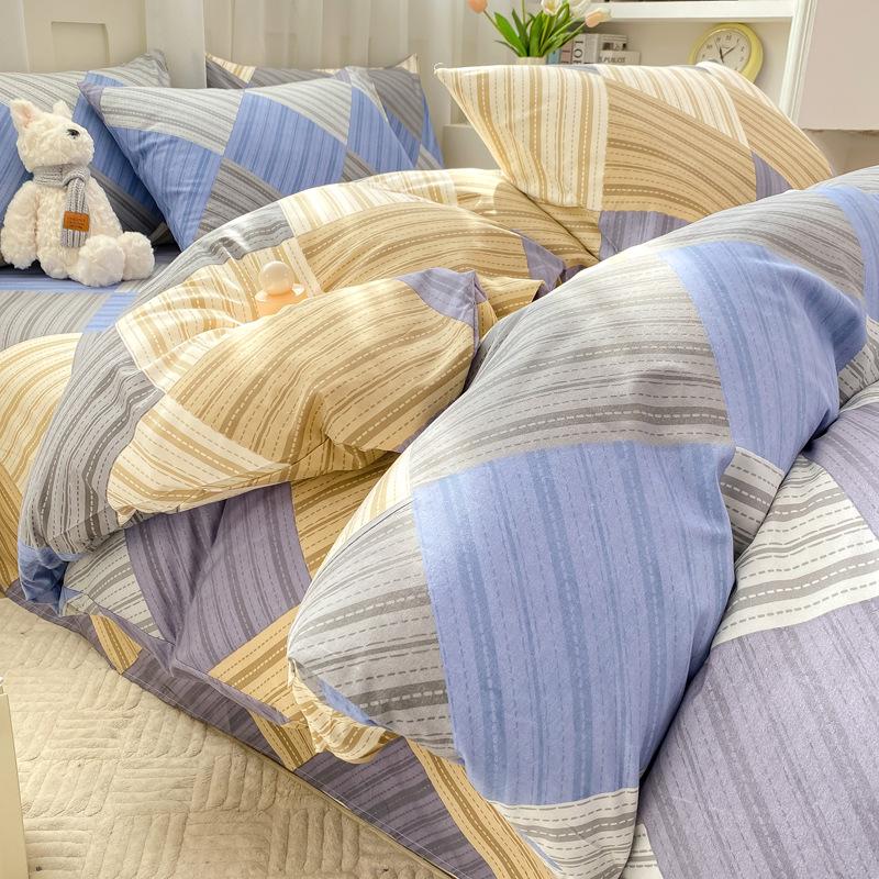 Class A Small and fresh 100% washed cotton 4pcs set, pure cotton polished quilt cover, single bed hat, student dormitory three 4-piece set