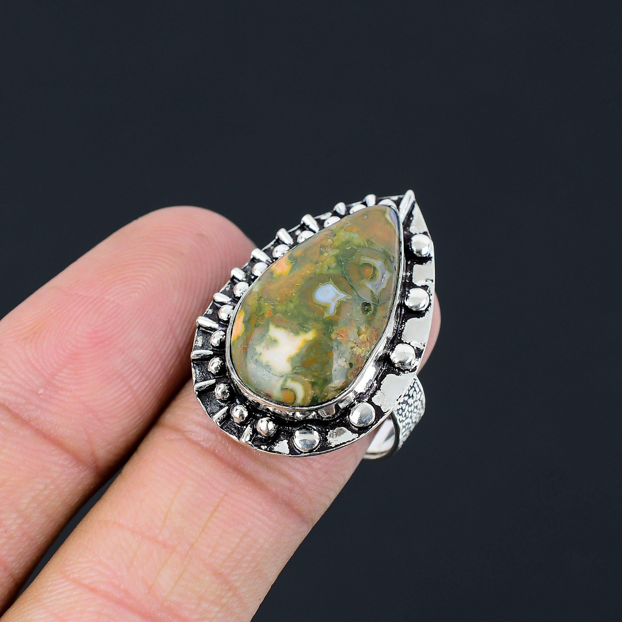 925 Silver Pear Natural Rainforest Jasper Statement Mother Multi Stone Boho Ring 9