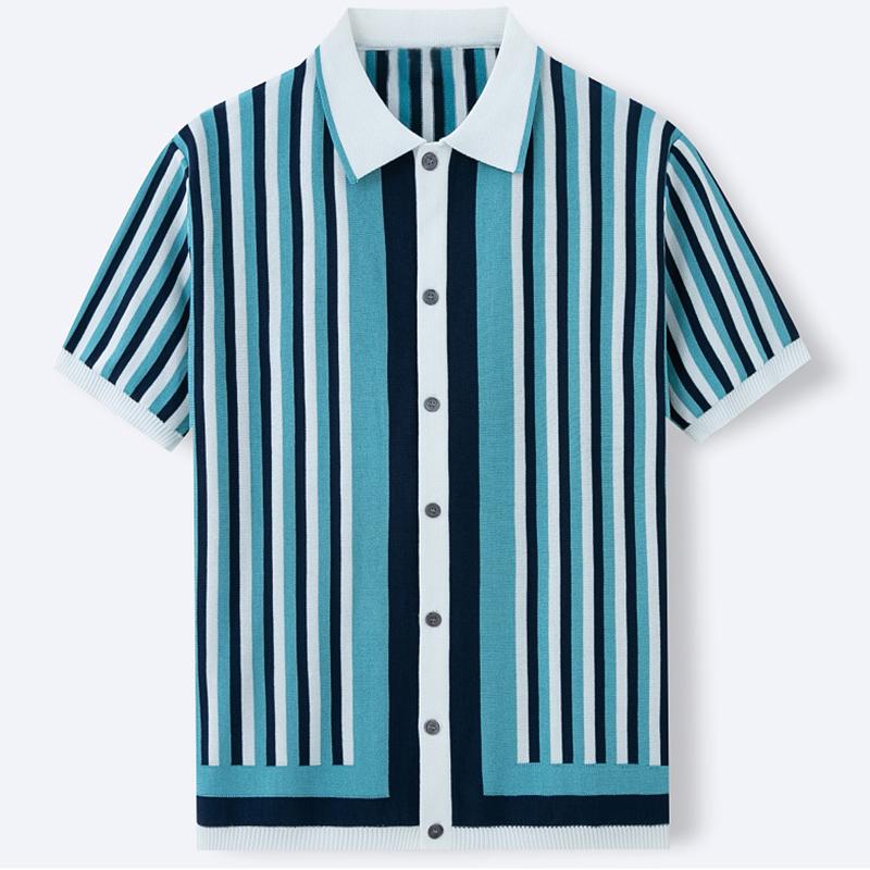 Men's Fashion Luxury Leisure Knit Polo Shirt Striped Button-down Short Sleeve Cardigan Casual Business Knitwear New Summer