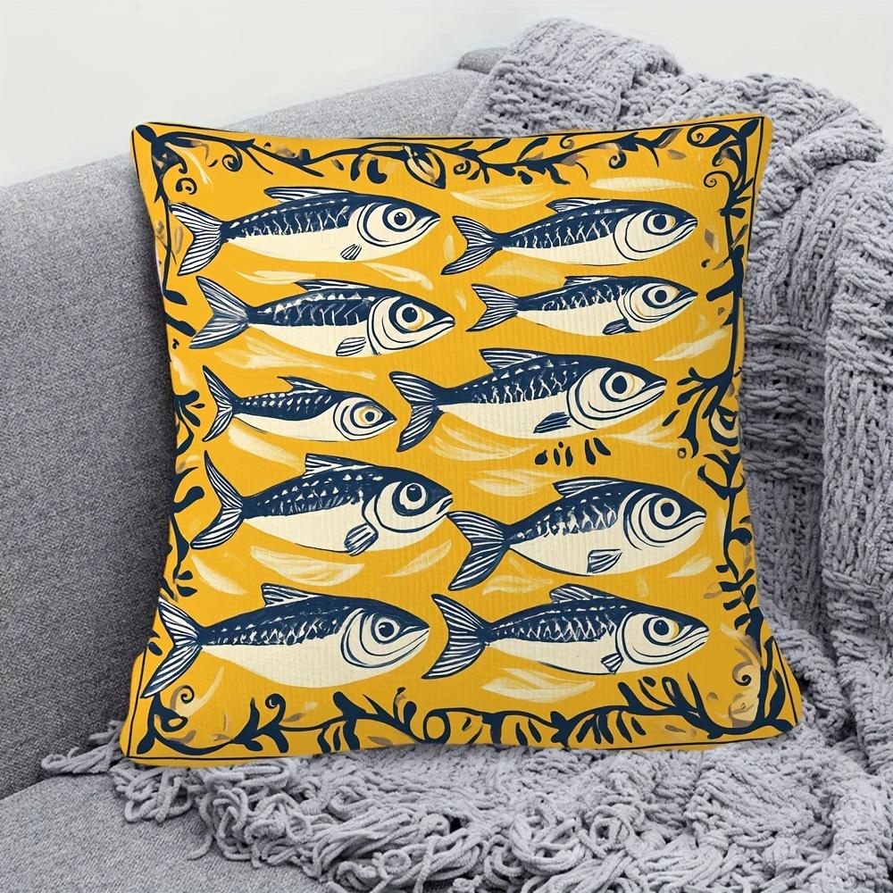 1Pc, Short Plush Decorative Pillow Cover, Portuguese Lisbon Sardines Pattern Azulejos Yellow Pillowcase, Single-Sided Print, 18X