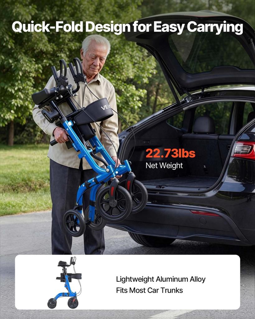 Rollator Walker with Seat for Seniors, Foldable Rolling Walker, Lightweight Aluminum Mobility Walking Aid with PU Solid Wheels, Adjustable Handle,