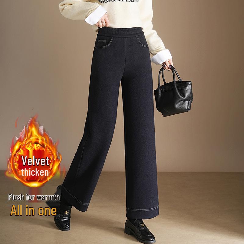 

Women s High Stretch Wide-Leg Jeans with Plus Velvet, Loose Fit, and Slimming Straight Cut for Autumn/Winter. L темно-синього кольору