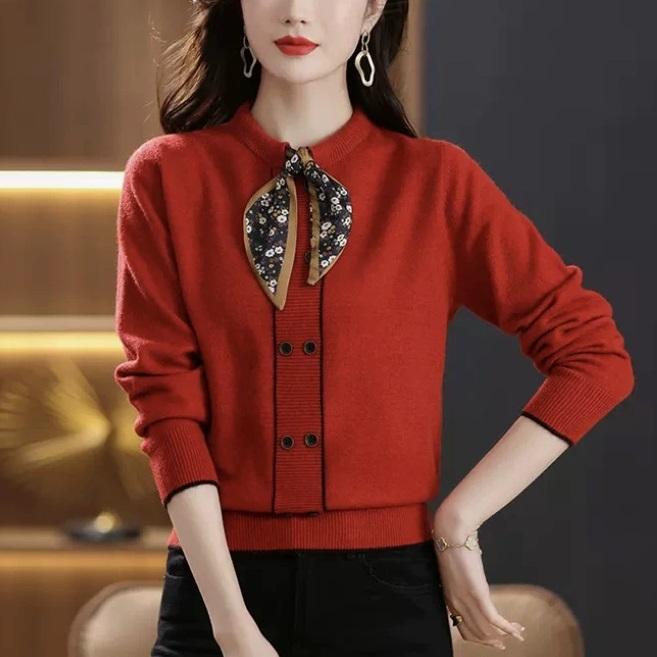 Top pulover tricotat în stil occidental pentru mamă de vârstă mijlocie Pulover de bază tricotat pentru femei de vârstă mijlocie și vârstnice Dantelă care reduce vârsta