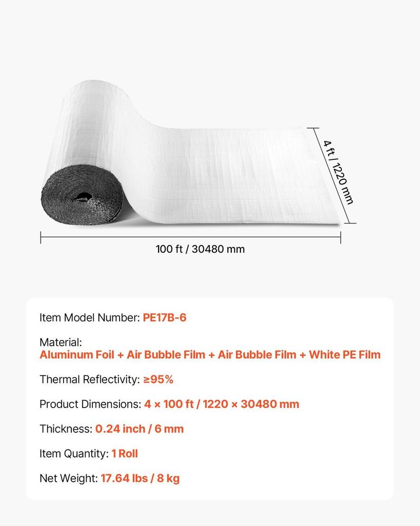 Reflective Insulation Roll, Double-Layer Air Bubble Radiant Barrier, 6mm 30.48 m x 1.22 m, Aluminum Foil White PE Film Heat Reflective Shield, Thermal