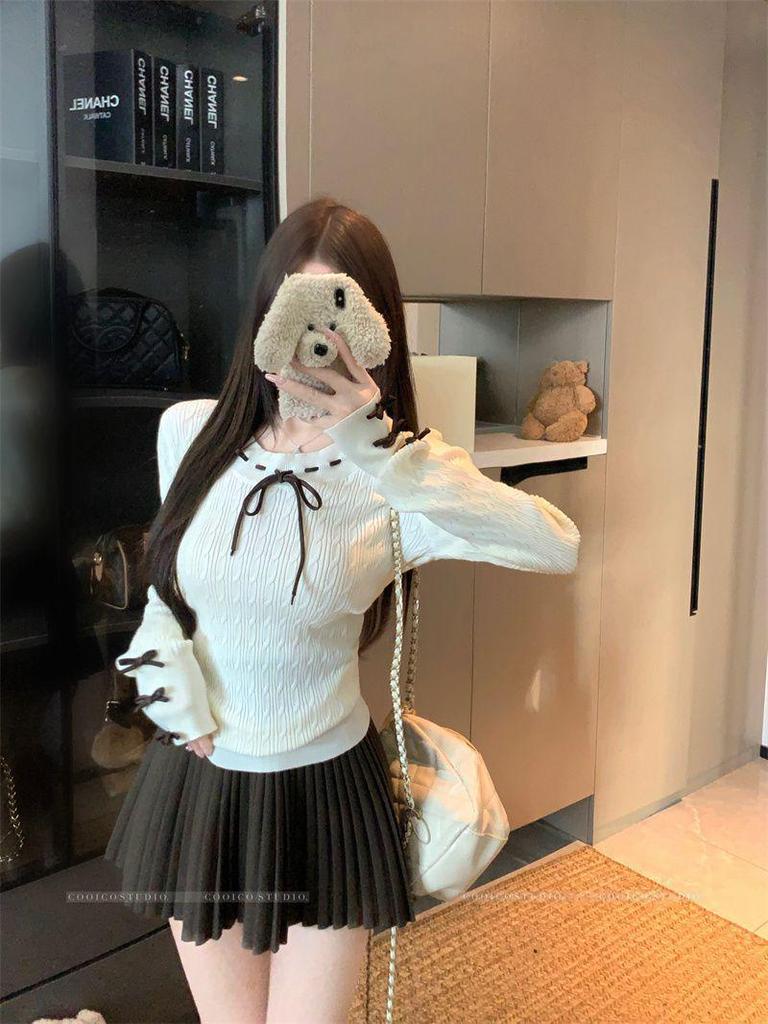 Korean Academy Bow Tie Lace-up Long Sleeve Knitwear: Women's Slimming Base Layer Sweater for 2025 Autumn/Winter