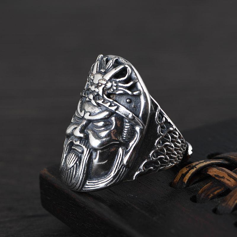 Plain Silver Guan Gong Ring Yi Bo Yuntian Guan Yu Erye Dragon Scale Pattern Open Index Finger Men's Ring