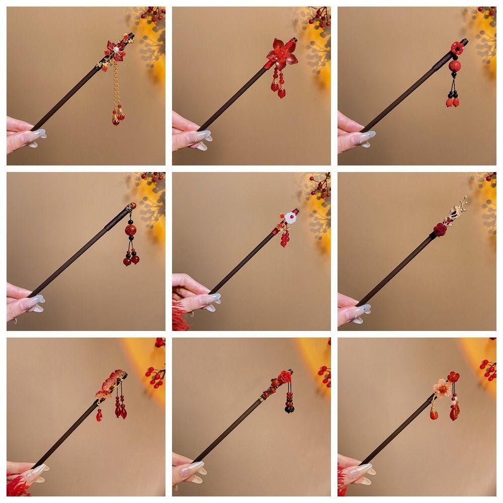 Red Hanfu Hairpin Tassel Wooden Hair Stick Classical   Hanfu Accessories