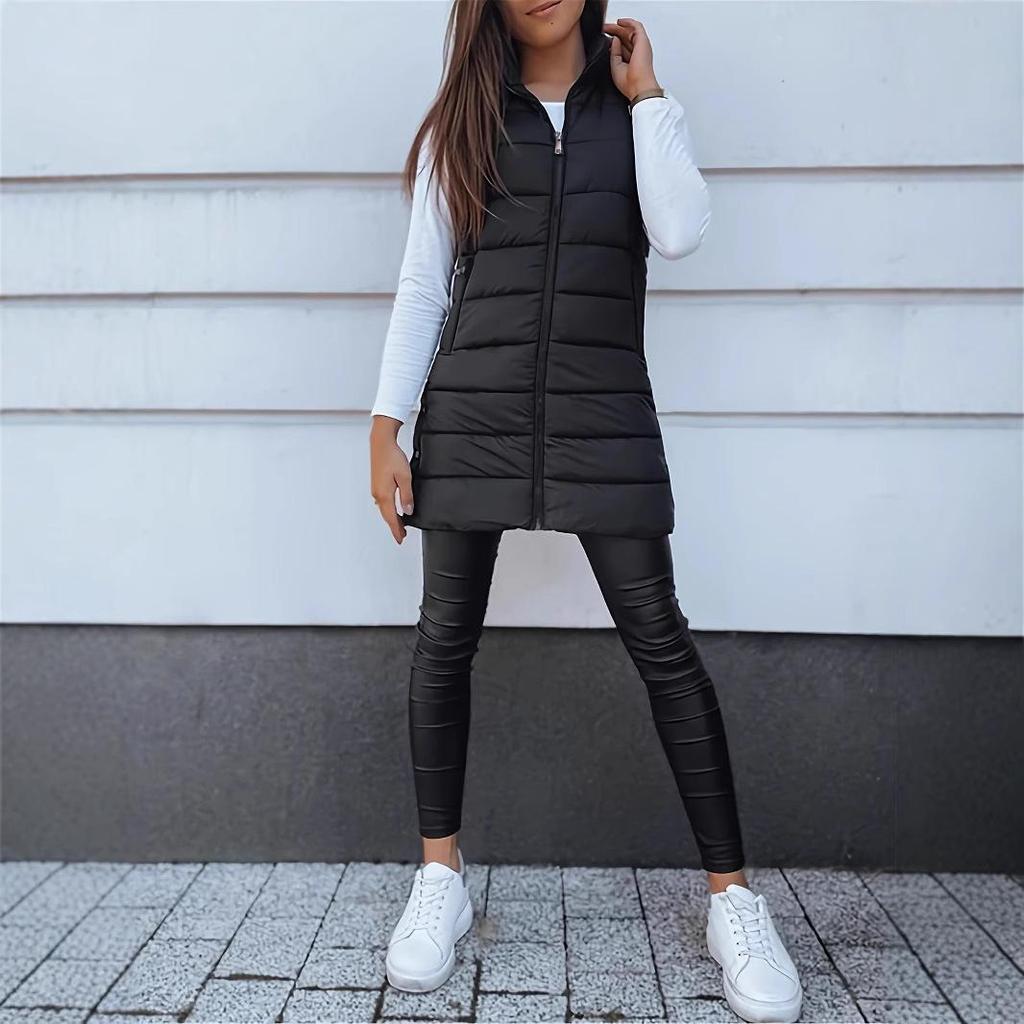 Women's Mid-Length Plus Size Solid Color Hooded Zipper Vest Jacket - Europe 2025 Collection