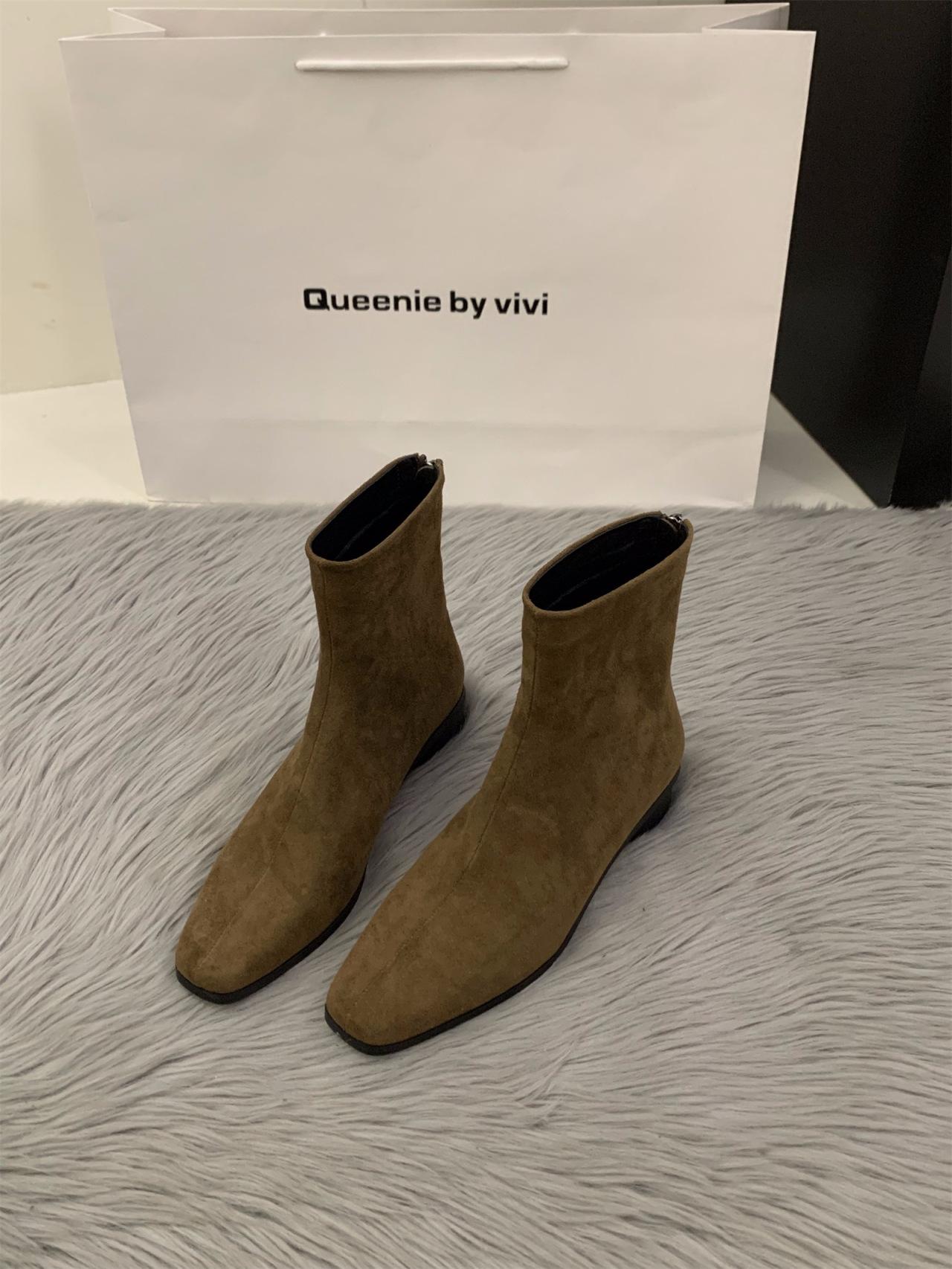 

Coarse Heel Suede French Small Ankle Boots Square Head Skinny Boots Women s Shoes 2025 Autumn and Winter Velvet Brown Martin Boots 40 темно-коричневого кольору