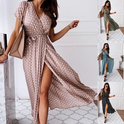 Short-sleeved V-neck Summer Fashion Sexy Casual Long Skirt Bohemian Polka-dot Print Dress