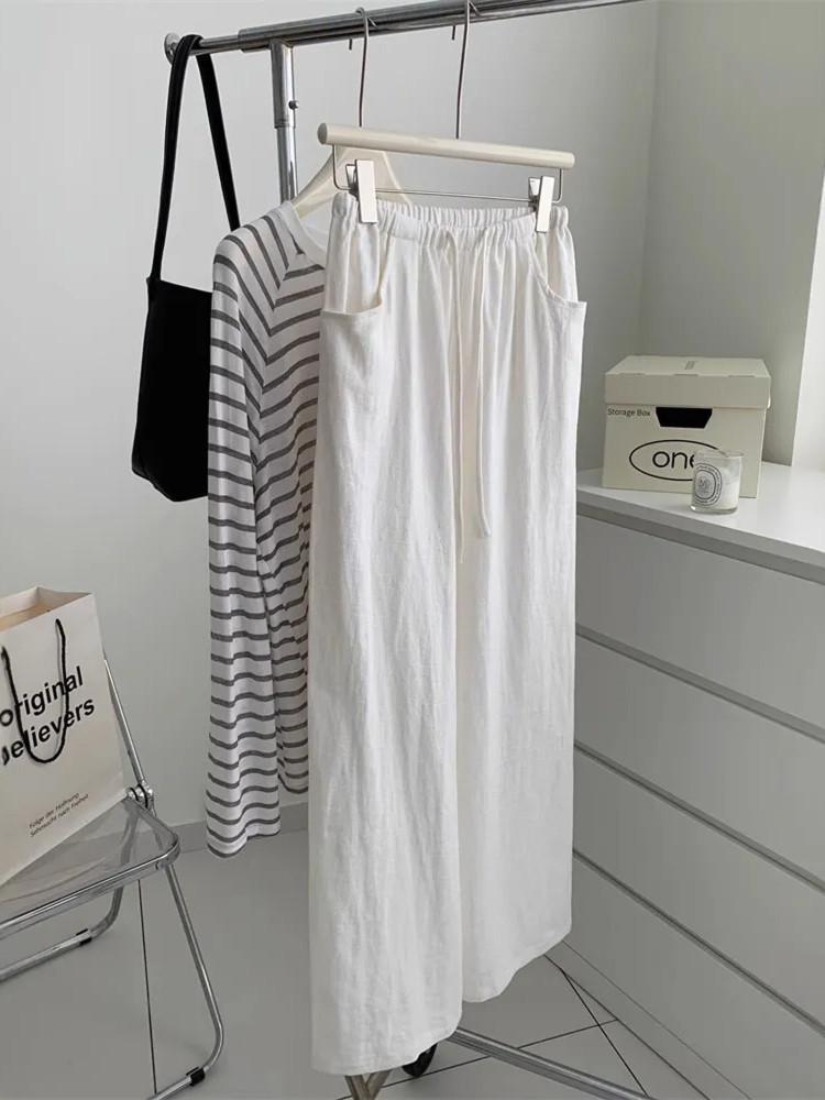 White Linen Wide-Leg Women’s Pants - Summer 2026 Old Money Style, Lightweight Loose Drape, Casual Straight-Leg.