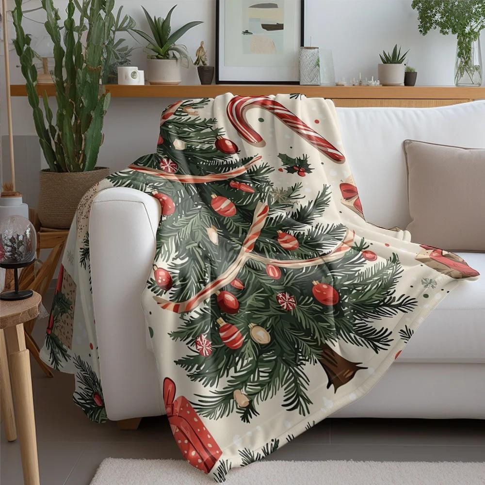 Classic Christmas Tree Fleece Blanket, Red Gold Decorations on Green Tree, Traditional Holiday Throw for Festive Decor