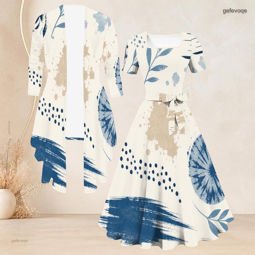 Women Plus Size Two Piece Set Square Neck Short Sleeve Tie Waist Printed Flared Dress 3 4 Sleeve Open Cardigan Blue White
