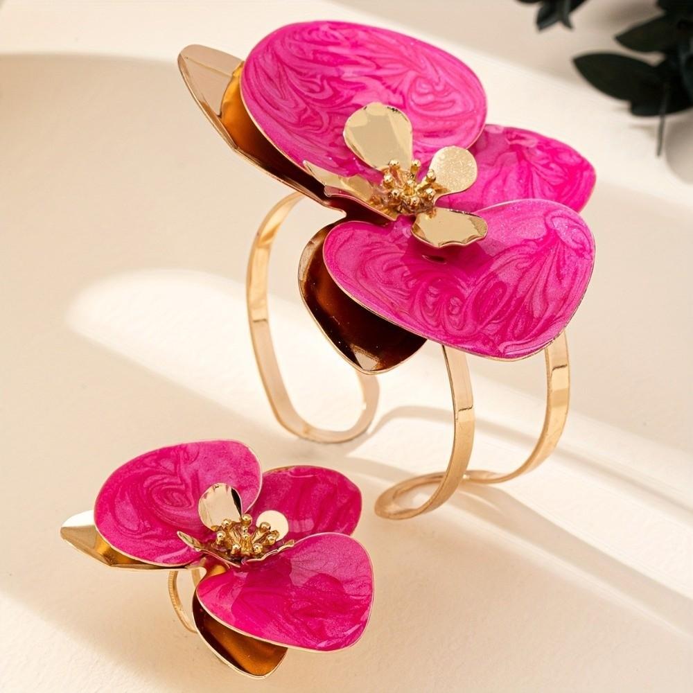 Metal Flower Bracelet Exaggerated Open Floral Arm Cuff Flower Bracelet Ring Set  Holiday Party