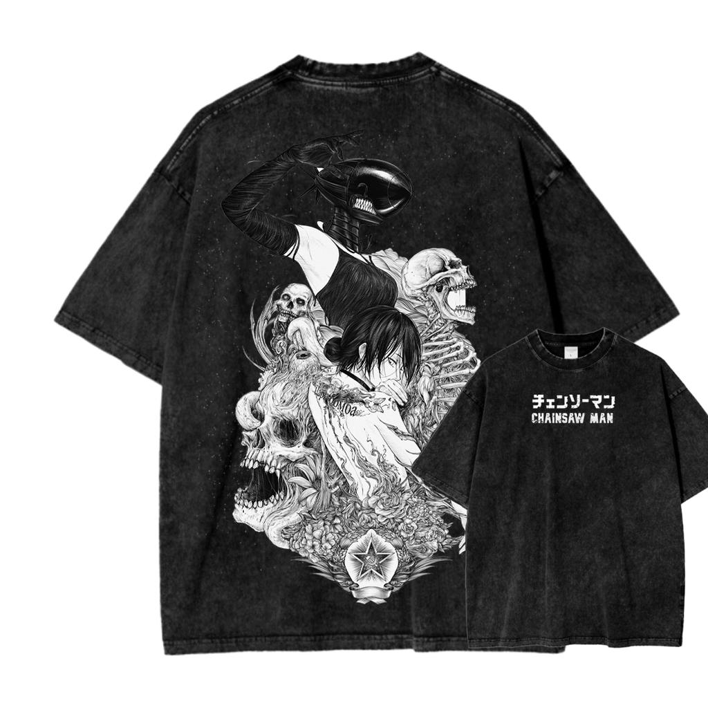 Chainsaw Man Anime Lover Washed T-shirt Year Round Clothing High Quality Personality Clothes Plus Size Unisex New Model Couples Tee