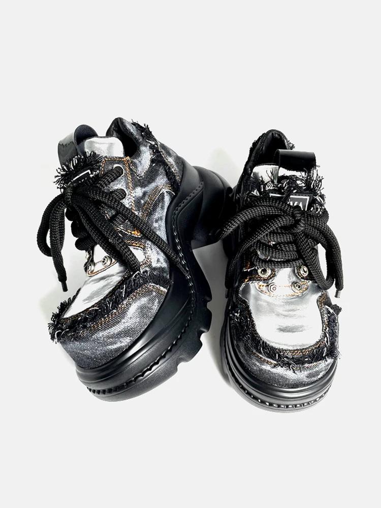 Fashion Women's Punk Style Leather Shoes Lace-up Heel Height 8CM Platform Female Gothic Ankle Boots PU Biker Boots Thick Bottom Sneakers