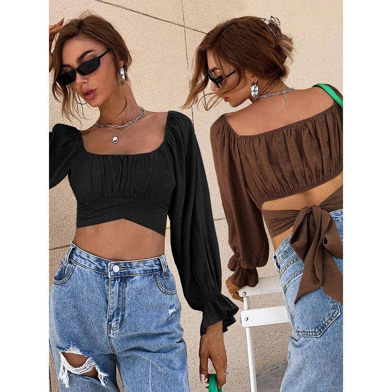 Lace Up Square Neck Super Short Long Sleeve Ladies Shirt Top