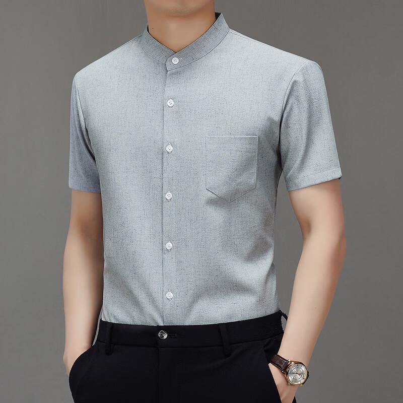 ROMON Men's Casual Linen Blend Stand Collar Short Sleeve Shirt
