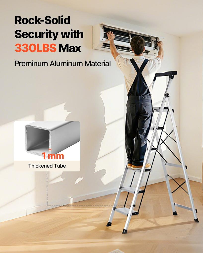 6 Step Ladder, Folding Step Stool with Wide Anti-Slip Pedal and Comfort Handgrip, 150 kg Capacity Portable Aluminum Stepladder, Multi-Use for Kitchen,