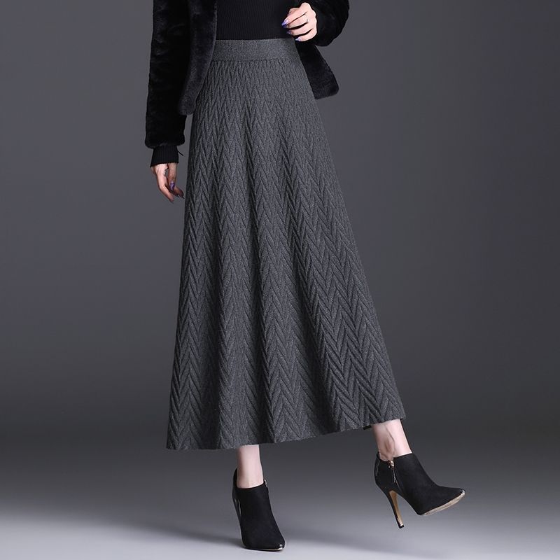 Herbst Winter Damen Verdickter Gestrickter A-Linien Midirock Hohe Taille Slim-Fit Plissierter Ausgestellter Rock