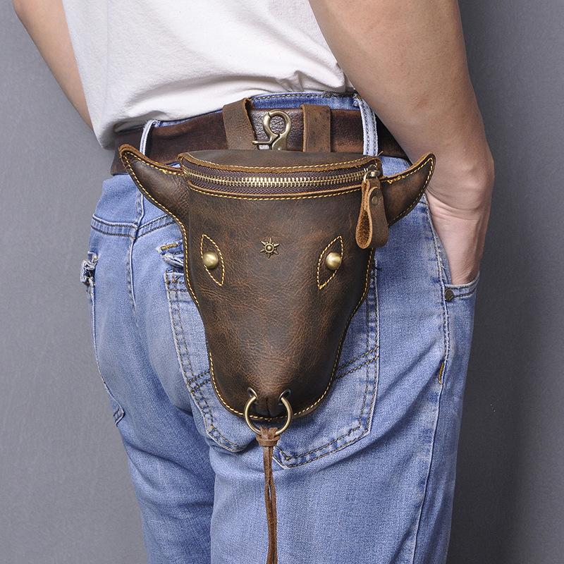 Thick Crazy Horse Leather Men Design Fashion Hook Bum Small Waist Bag Fanny Waist Belt Pack 6" Phone Pouch