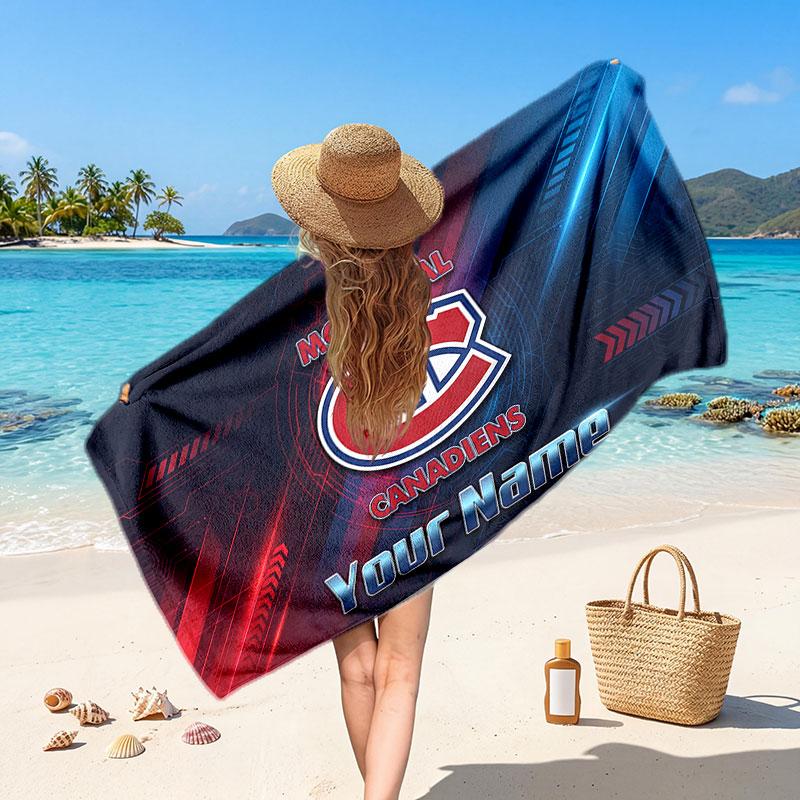 Montreal Canadiens Customized Name Text Beach Towel, Soft Absorbent Towel Beach Pool Travel Personal Gift