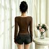 Women's Elegant V-Neck Long Sleeve Top with Pleated Front and Belt Design, Slim Fit Color Blouse