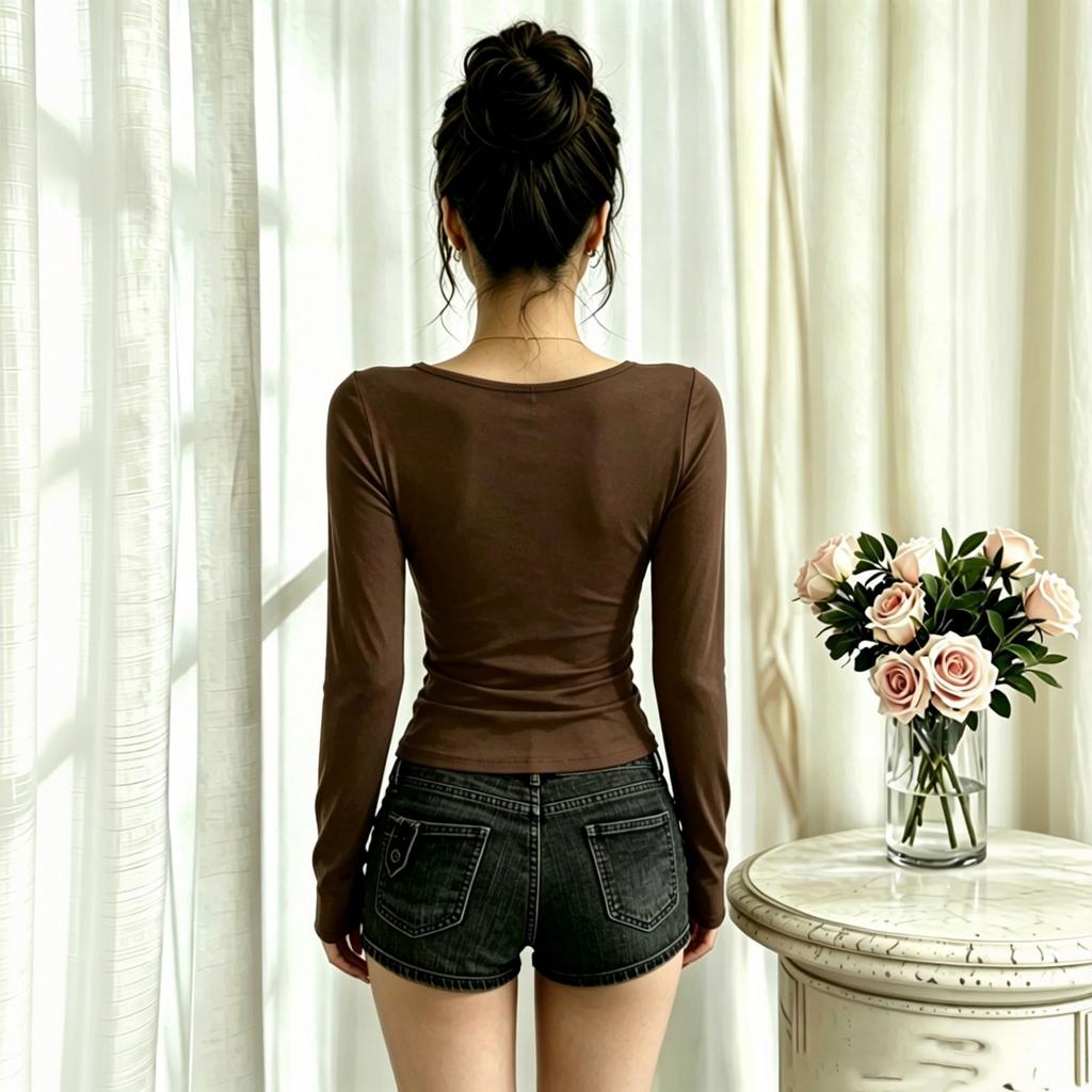 Women's Elegant V-Neck Long Sleeve Top with Pleated Front and Belt Design, Slim Fit Color Blouse