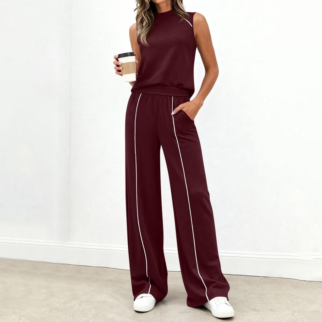 Women's Casual Fashion High-Neck Sleeveless Top And Wide-Leg Trousers Set