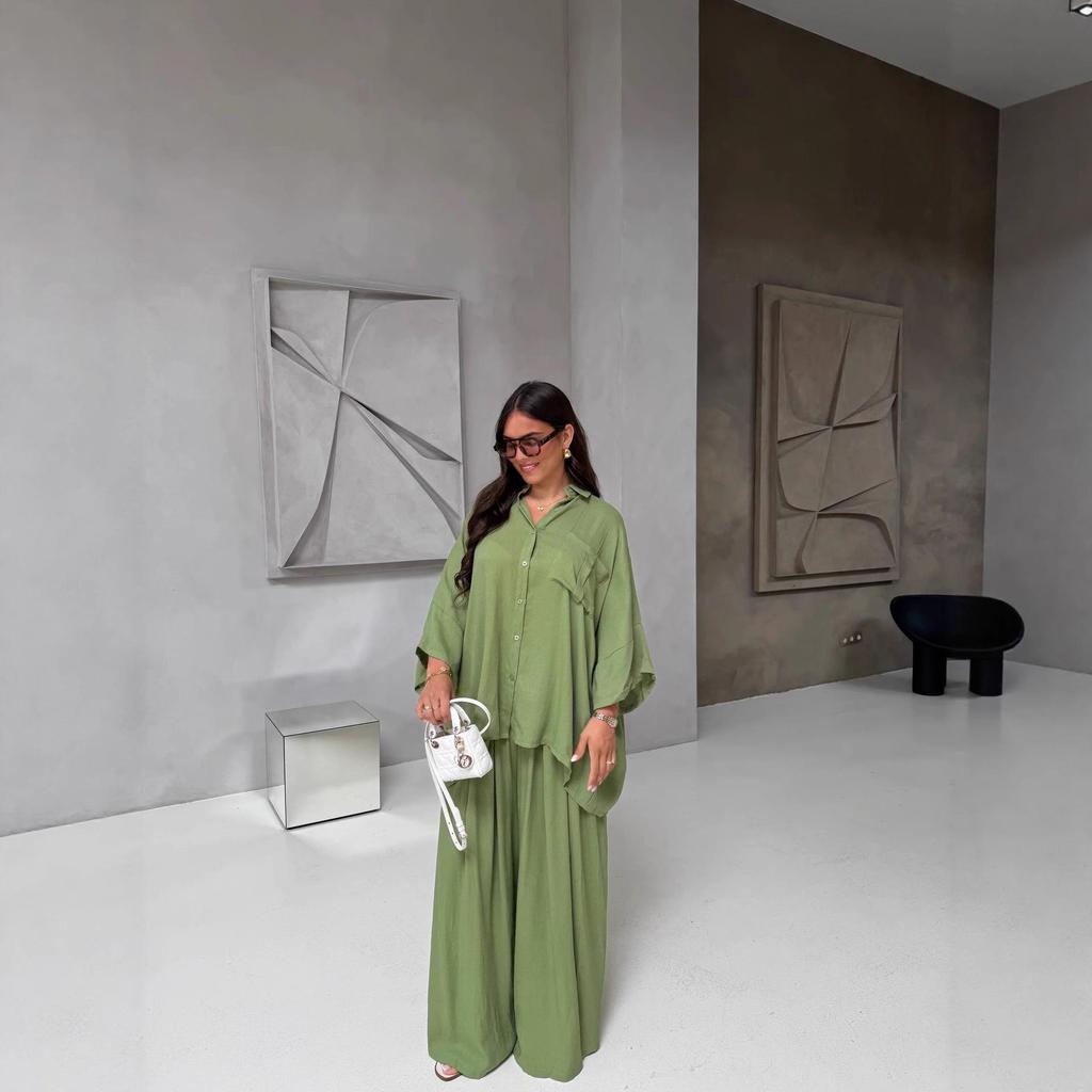2025 Summer Yellow Pleated Women's Casual Shirt and Loose Pants Set - European and American Design.
